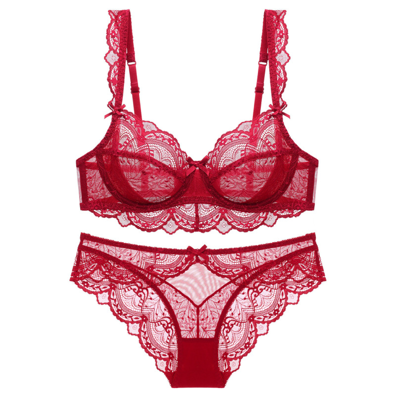 Cross-Border Lace Underwear Set Women's Pure Lust Style Push-Up Bra Sexy Red Breathable Thin Large Size Bra