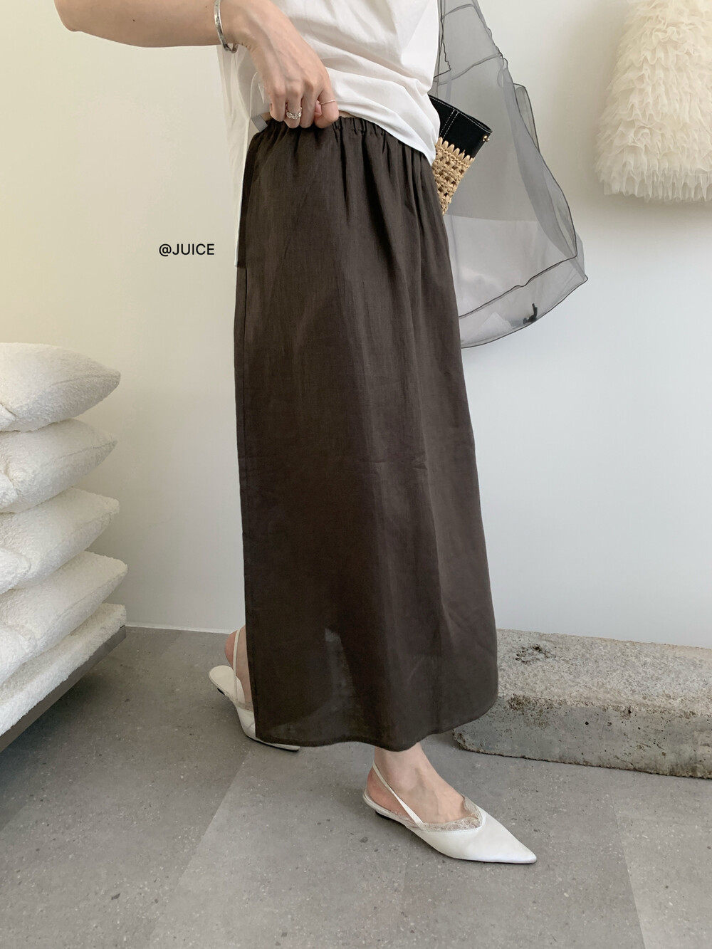 Chân váy linen cạp chun chữ A dáng dài nữ phong cách tối giản — màu đen, Xanh đen, Xanh nước biển, Màu cà phê chi tiết 23