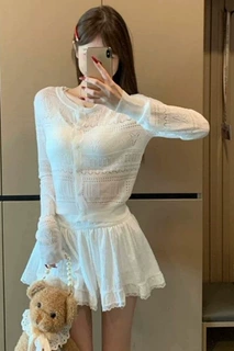 一整套ootd穿搭一整套慵懒风纯欲镂空针织长袖上衣显瘦花边半身裙