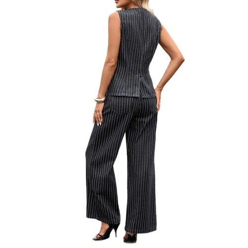 European and American Cross-Border Foreign Trade Women's Autumn New Amazon Independent Station Washed Leisure Striped Sleeveless Denim Set