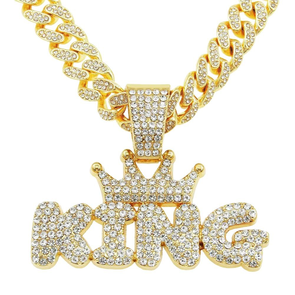 Pendentif KING en diamants serti sur une chaîne cubaine, style hip-hop européen-américain, pour homme et femme. Bijou unisexe._voghion.com