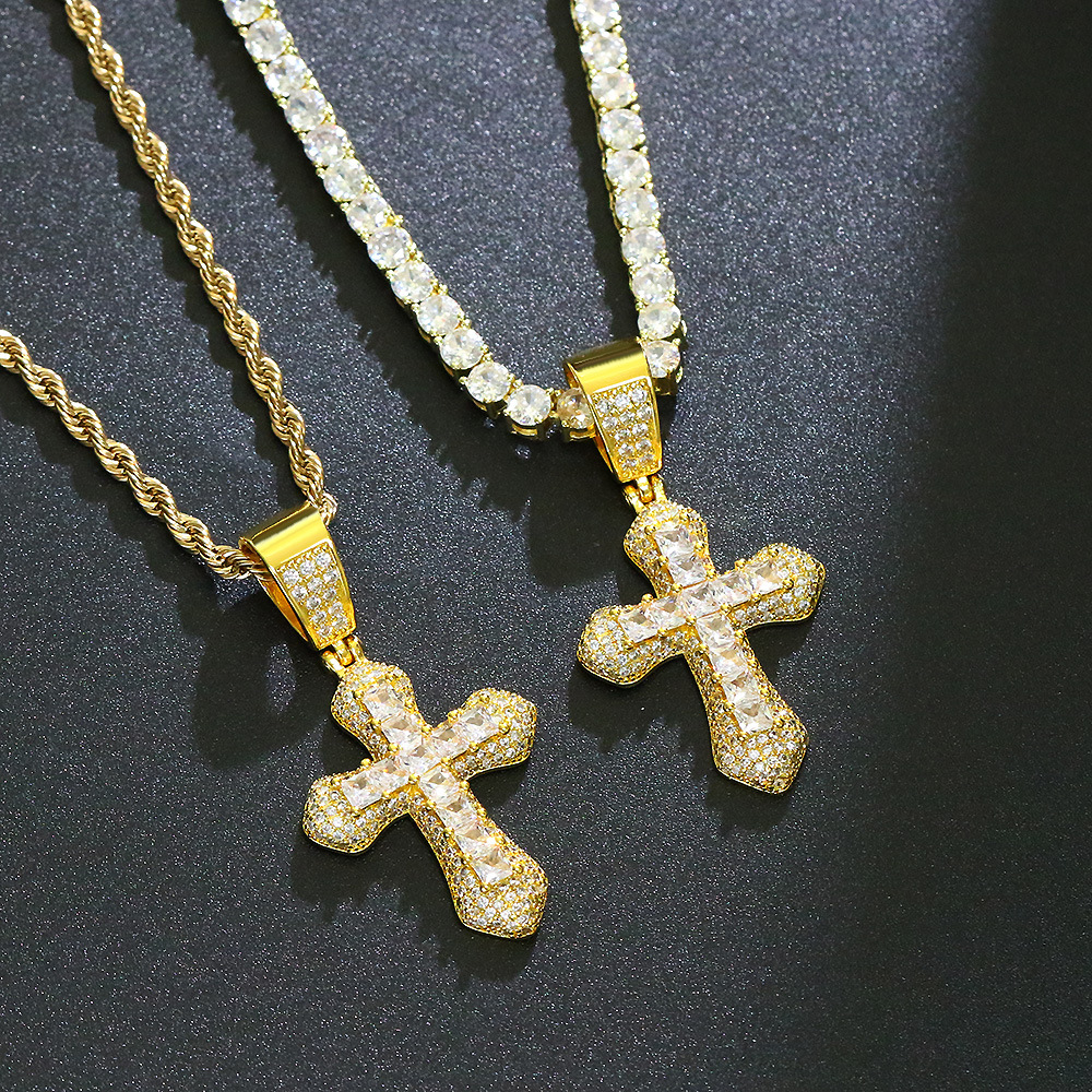 Hip-Hop Cross Copper Plating Zircon Pendant Necklace
