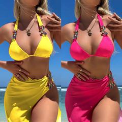 2023 European and American New Bright Diamond Solid Color Long Dress Net Fabric Three-Piece Swimsuit Bikini Cross-Border Amazon Foreign Trade