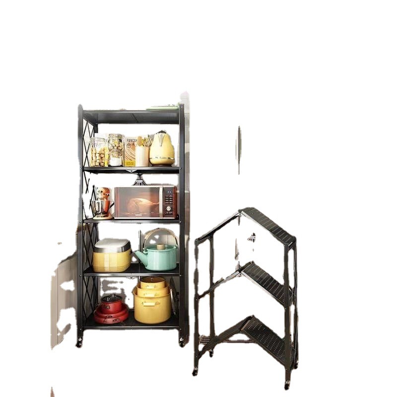 Cocina carro pequeño sin instalación estante de almacenamiento plegable estante de acabado de piso multicapa horno de microondas estante de almacenamiento