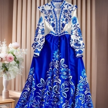 包邮复古宫廷风气质长袖V领荷叶边收腰单排扣印花a字连衣裙优雅长