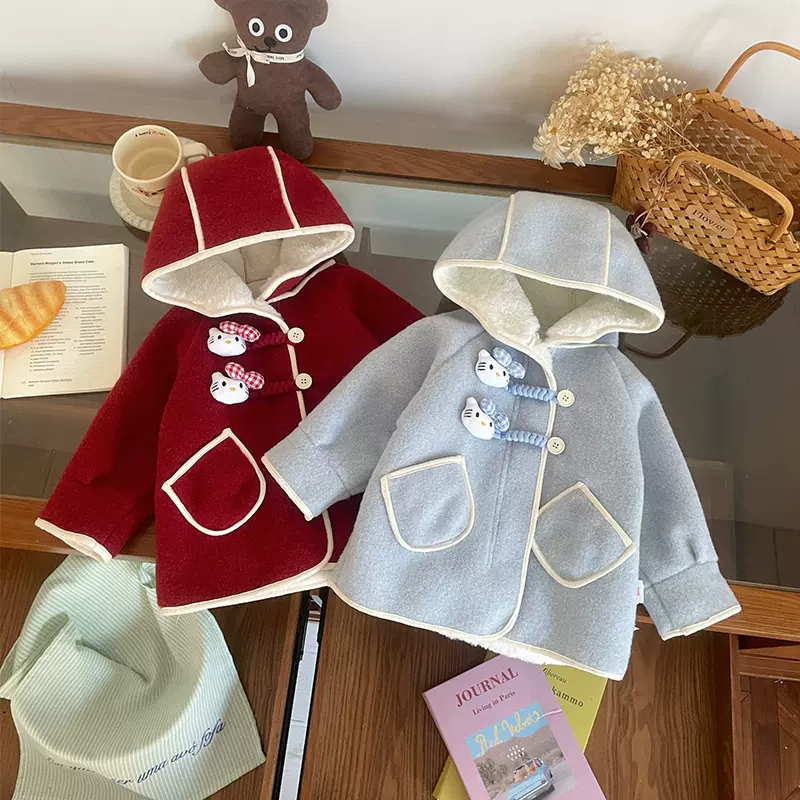 【现货】DW259901儿童加绒呢外套2025冬季kt猫纯色女童加绒呢大衣