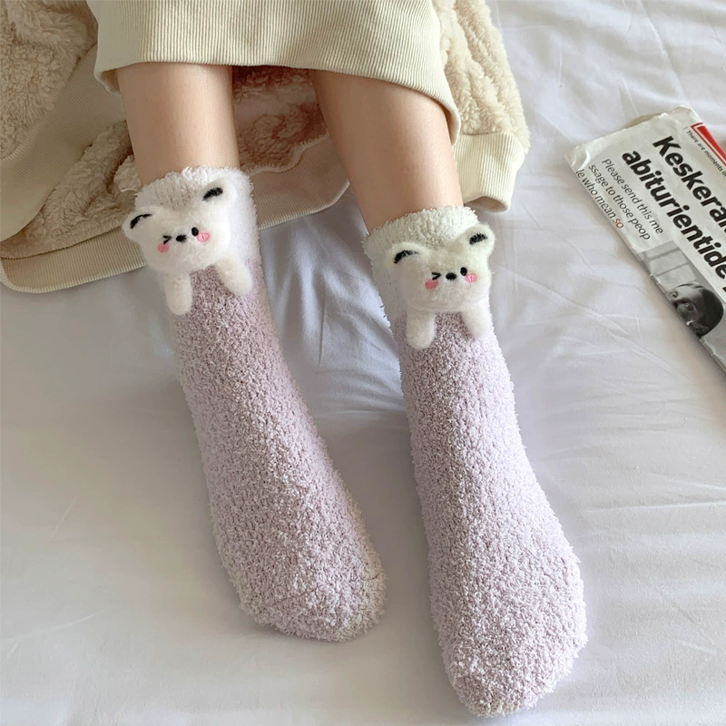 Коралловые бархатные мультяшные тёплые гольфы с рисунком, кукла, средней длины
