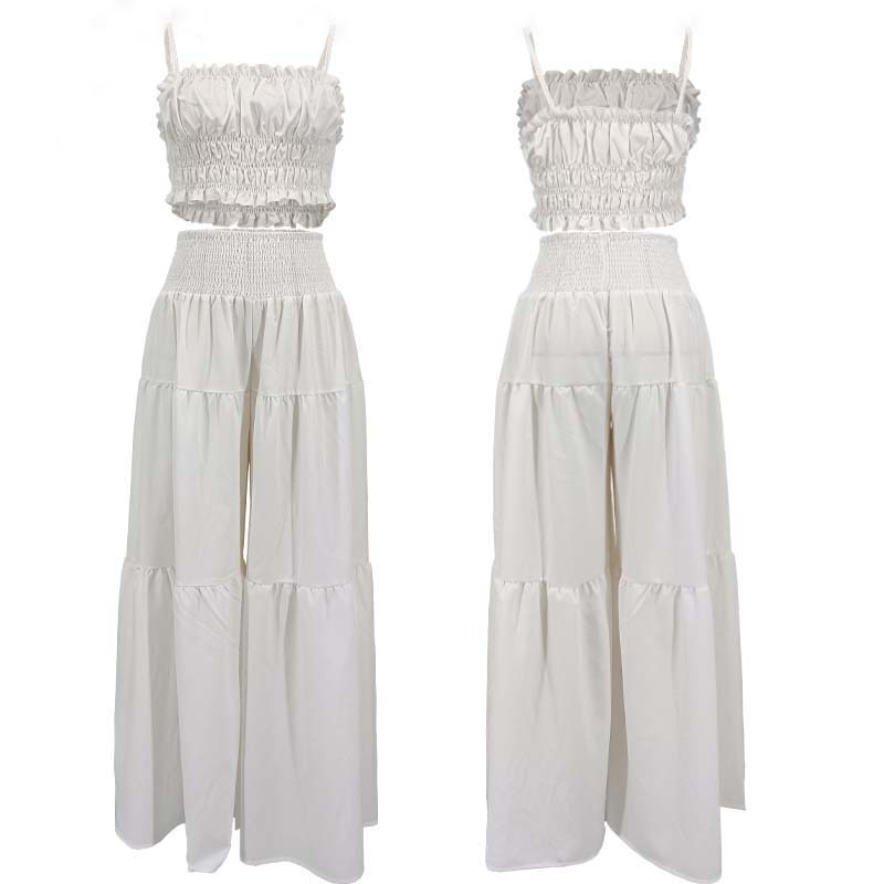 Women's Clothing Fashion Solid Color Suspender Top Plus Loose Wide Leg Pants Two Piece Set_voghion.com