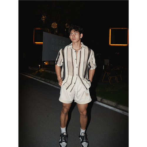 American Retro Striped Hollow-out Short Sleeve Shirt for Men - Summer, Minority Couple Vacation Casual Loose Matchy Matchy Fashion Shirt