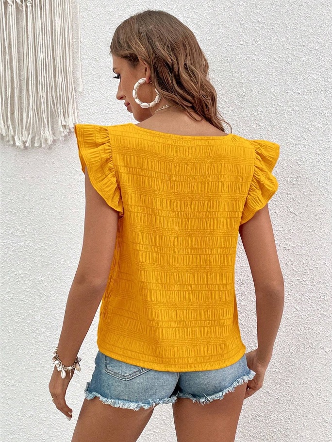 210g Weight Short Sleeve Sleeve Length Pullovers Placket Type Flounce Sleeve Sleeve Type Spandex, Polyester Fabric Type Regular Top Length T-shirt Tops Type Daily Occasion Square Neck Neckline Regular Fit Fit Type Solid Color Pattern Summer Season Women's Gender Ruffles Design Simple Style Style Wholesale Women's Simple Style Solid Color Short Sleeve Ruffles Blouses 28