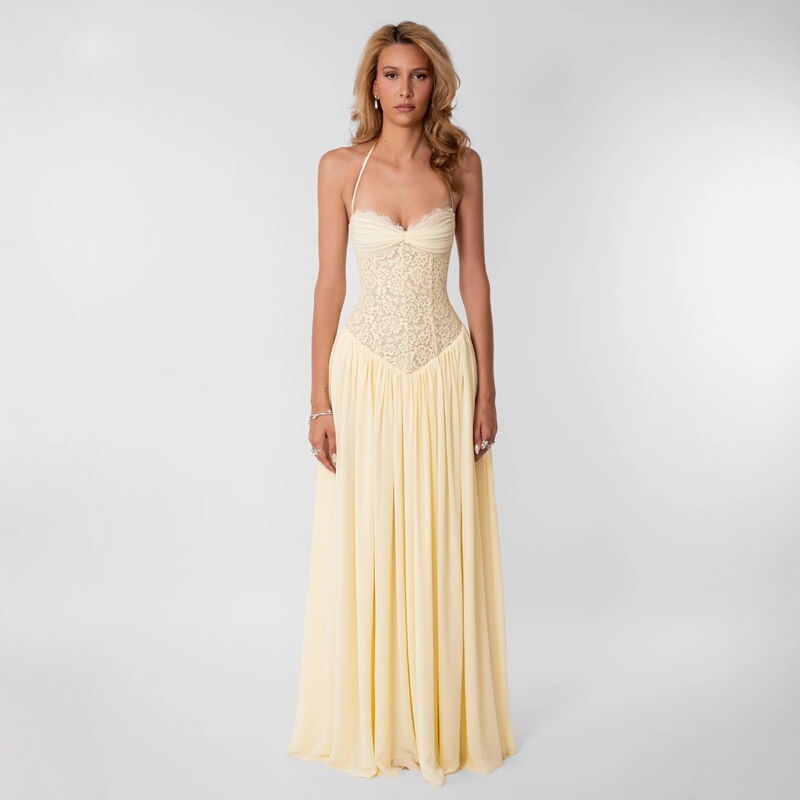 European and American style halter neck lace corset gown, long dress with tie waist, pleated large hem, party dress wholesale