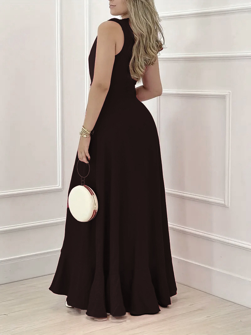 2025 verano cintura alta falda larga con cuello en V de estilo coreano negro cintura alta temperamento dividido vestido sin mangas de viaje sin mangas