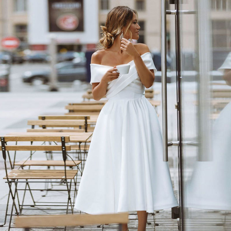 Amazon's New White One-Shoulder Dress European and American Simple Off-Shoulder Light Wedding Dress That Can Be Worn Daily for Travel Photography Dresses for Women