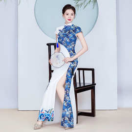 中国风新款走秀表演复古改良连衣裙青花瓷旗袍鱼尾演出服修身长款