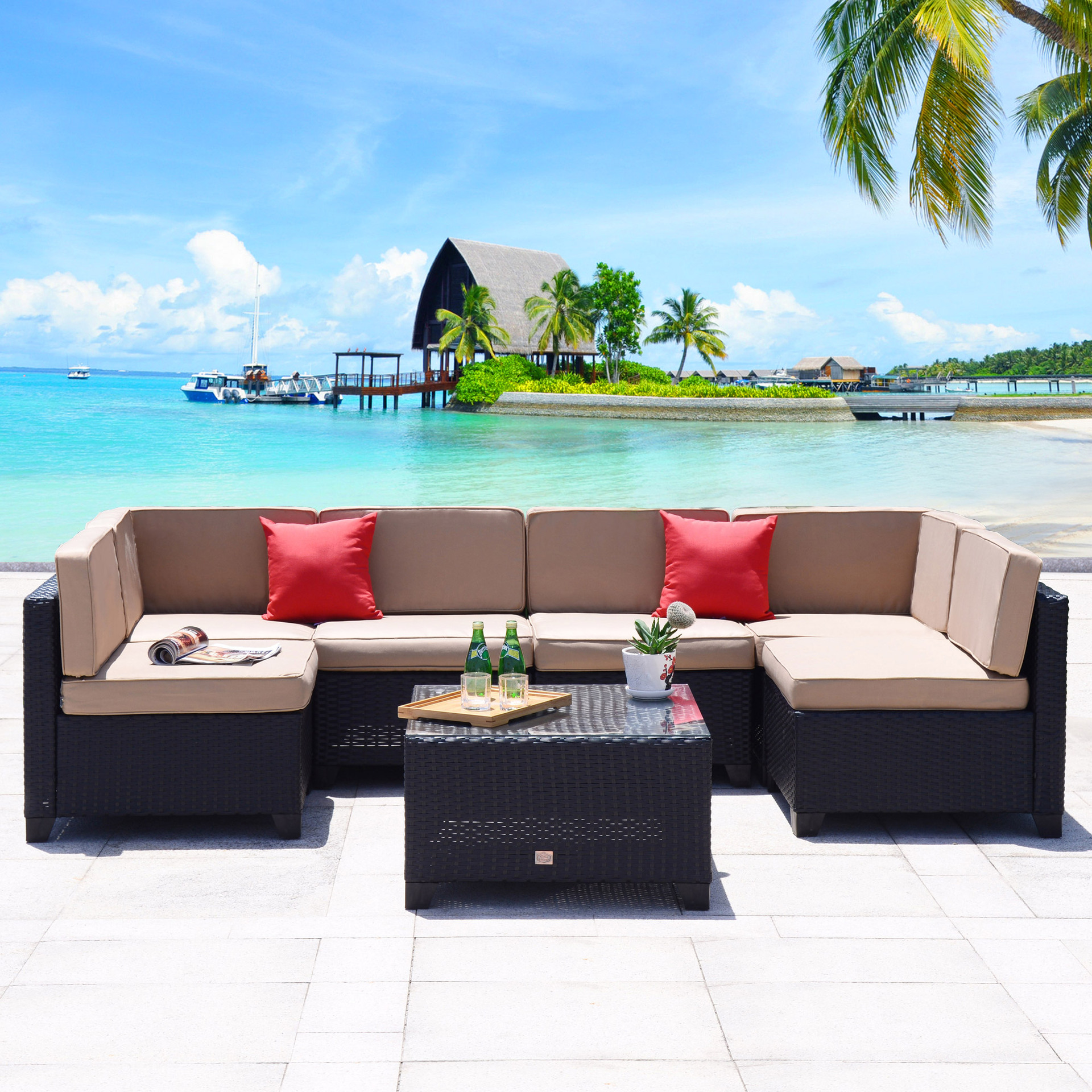 Combinación de sofá de ratán al aire libre esquina en forma de U patio jardín balcón sala de estar del hotel ocio imitación de ratán muebles de exterior