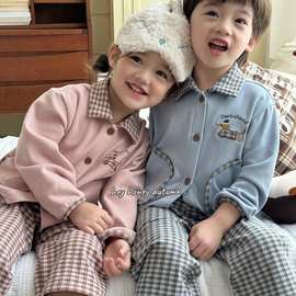 现货 大小卷25秋冬儿童开扣睡衣女童秋冬款加厚家居服套装两件套