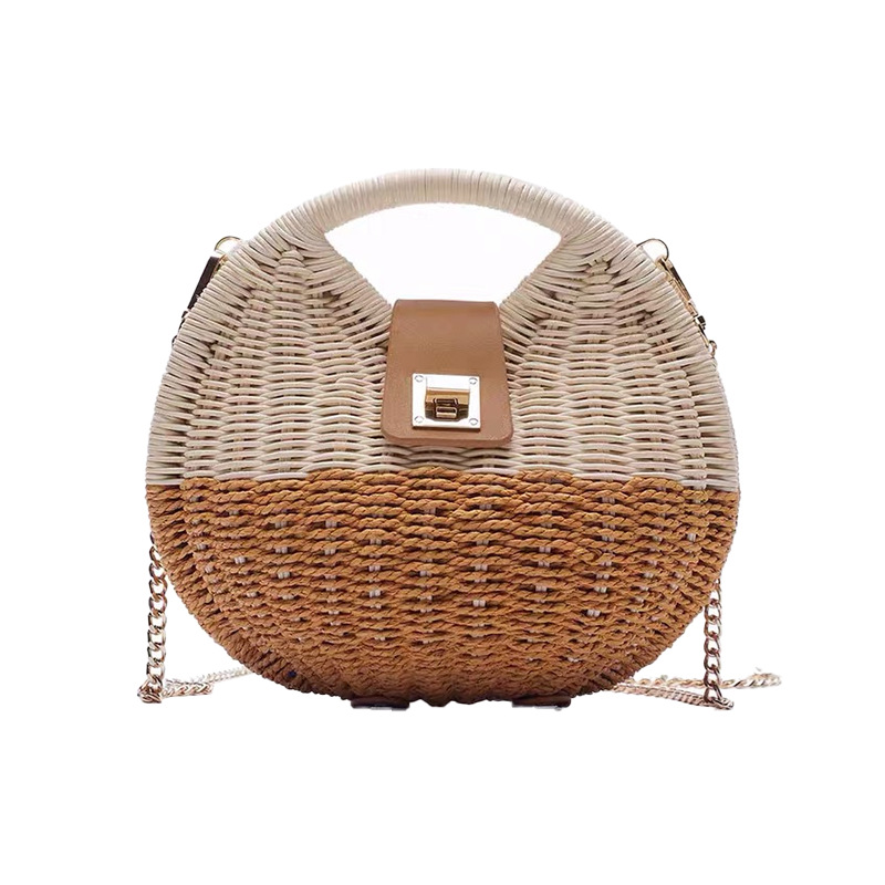 Women's Gender Vacation, Beach Style Small Size Women's Small Straw Color Block Vacation Beach Weave Lock Clasp Straw Bag