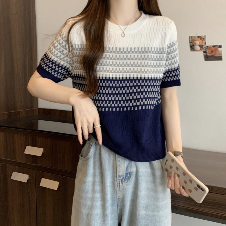 Striped Ice Silk Knit Short-Sleeve Women's T-Shirt, 2026 Summer New Style, High-End Feel, Petite Loose Thin Top