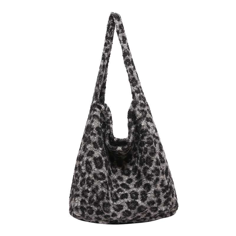 Otoño y invierno nuevo bolso de hombro de lana de viento de gran capacidad de moda estampado de leopardo bolso de lana de tote bolso retro debajo de la axila