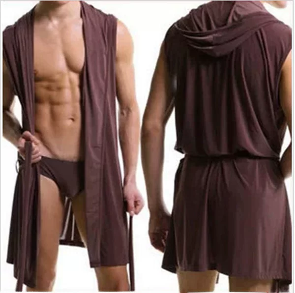 Cross-border European version men's bathrobe cool and silky men's hooded sleeveless bathrobe thin foreign trade bathrobe without underwear