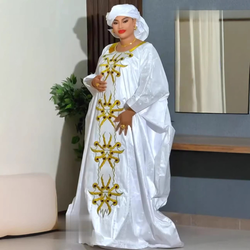 Aliexpress Cross-Border Foreign Trade White Robe Embroidered Headscarf Outerwear Dress