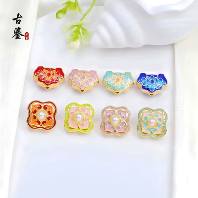 Traditional Blue Enamel Lotus Lock Spacer Beads, Chinese Style Back Cloud Enamel Cloisonné DIY Bracelet Accessories