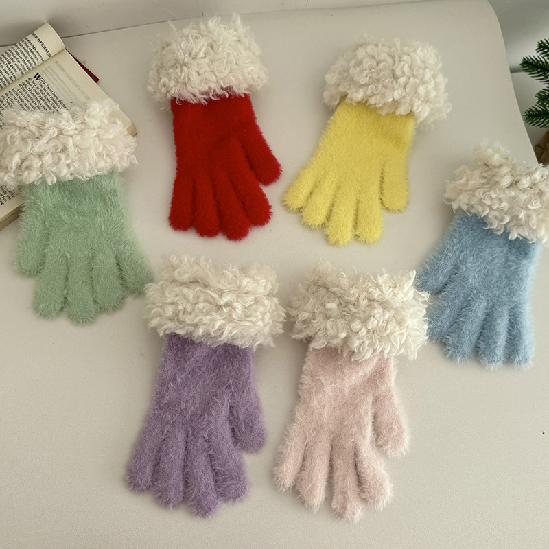 Simple plush finger gloves ice cream color imitation mink velvet soft waxy wool stitching sweet winter warm gloves for women