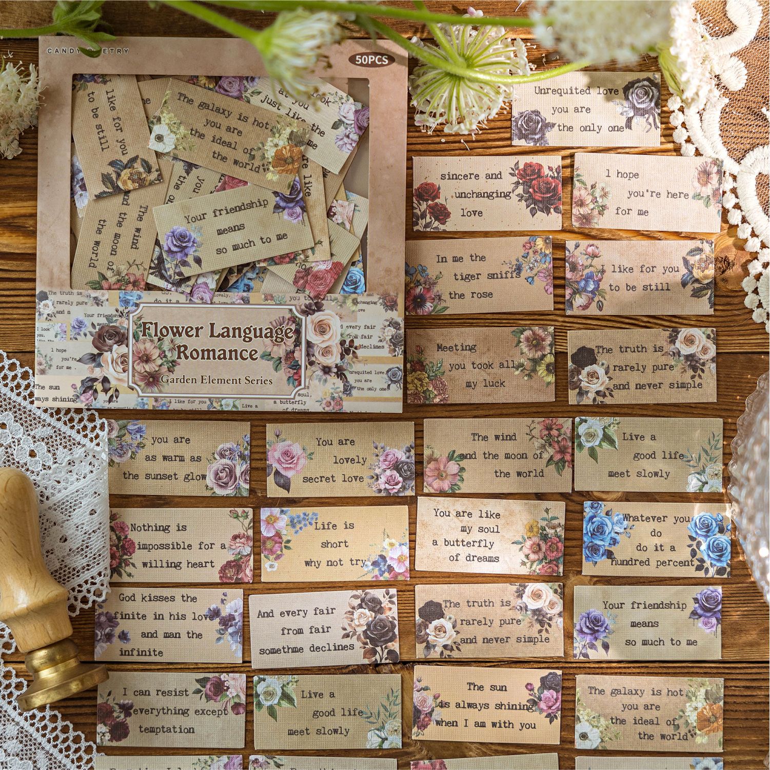 Bolso de pegatinas de papel de tela de poesía de azúcar, serie de caracteres de jardín, caracteres de texto de flores retro, pegatinas de material de cuenta simple