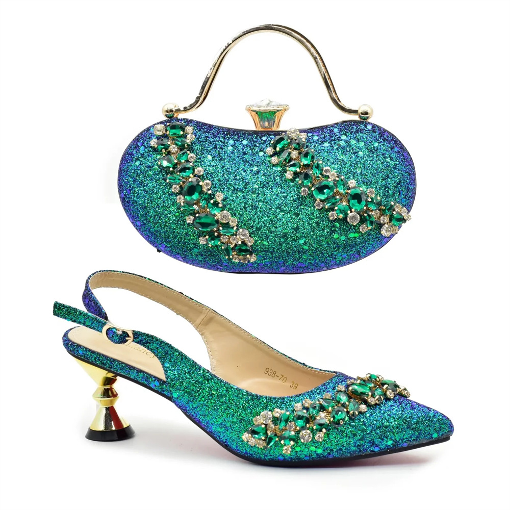 跨境复古镶钻粗跟凉鞋配晚宴包套装意大利设计水钻晚装包包高跟鞋