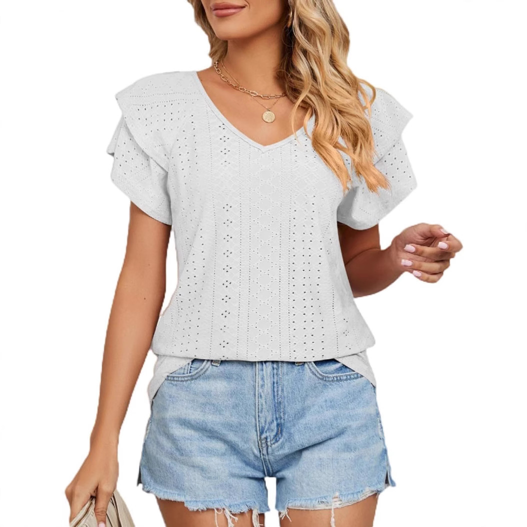 2025 transfronterizos Europa y América primavera y verano nuevo cuello hueco collar manga de hoja de loto camiseta de manga corta camiseta casual chaqueta de mujer