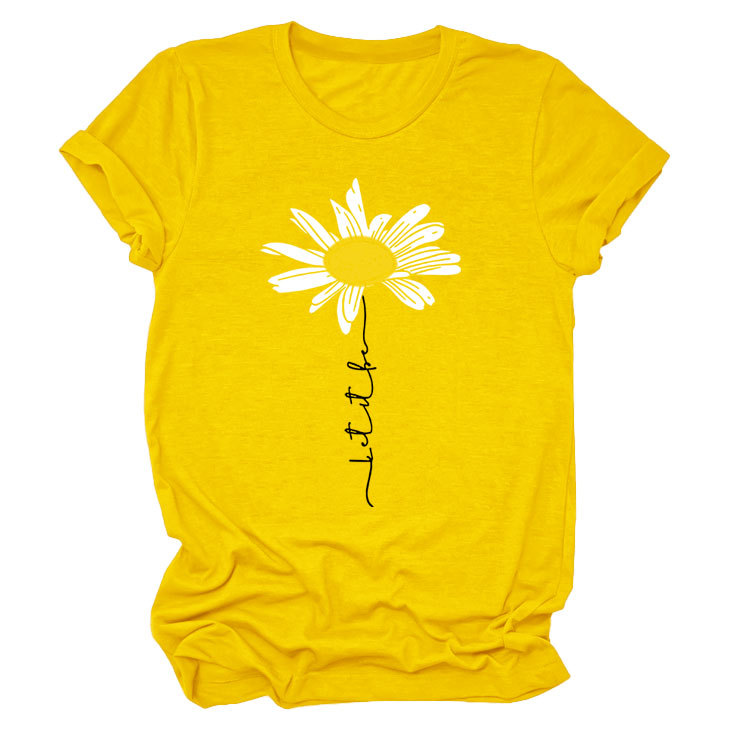 LET IT BE DAISY carta casual manga corta Amazon europeo y americano de las mujeres Top cuello redondo Camiseta suelta