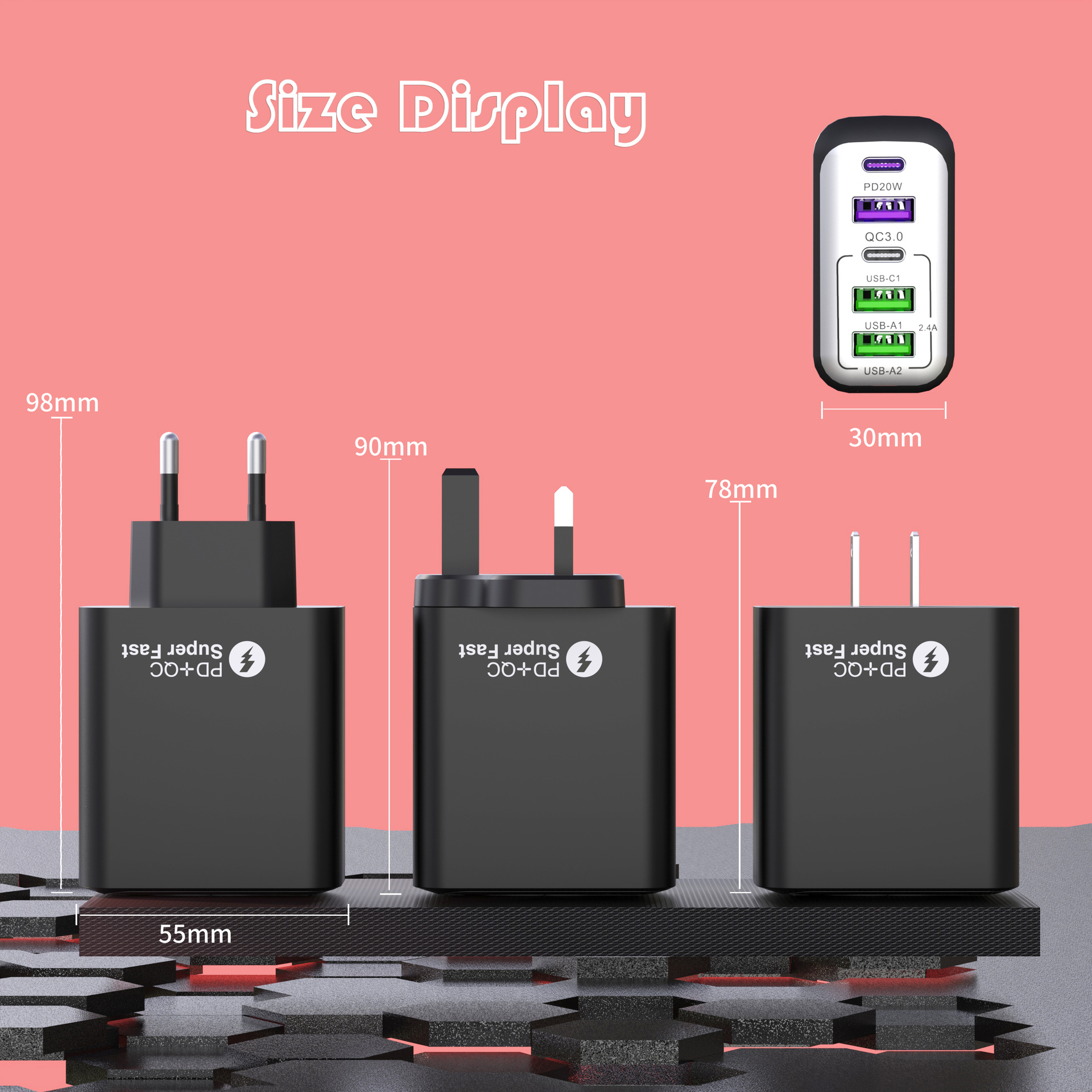 Autenticación transfronteriza explosiva QC3.0 cabeza de carga rápida 3USB + 2PD38W protocolo completo teléfono móvil cargador flash multipuerto cabeza de carga rápida