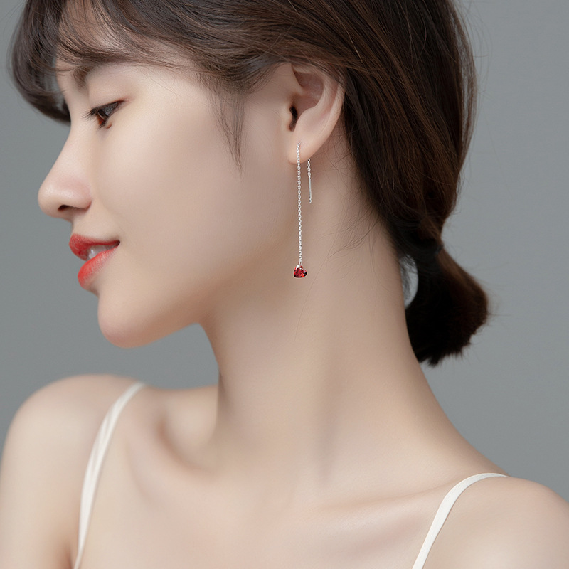Eloch s925 plata corazón largo orejas temperamento coreano simple diamante rojo amor orejas orejas E6178