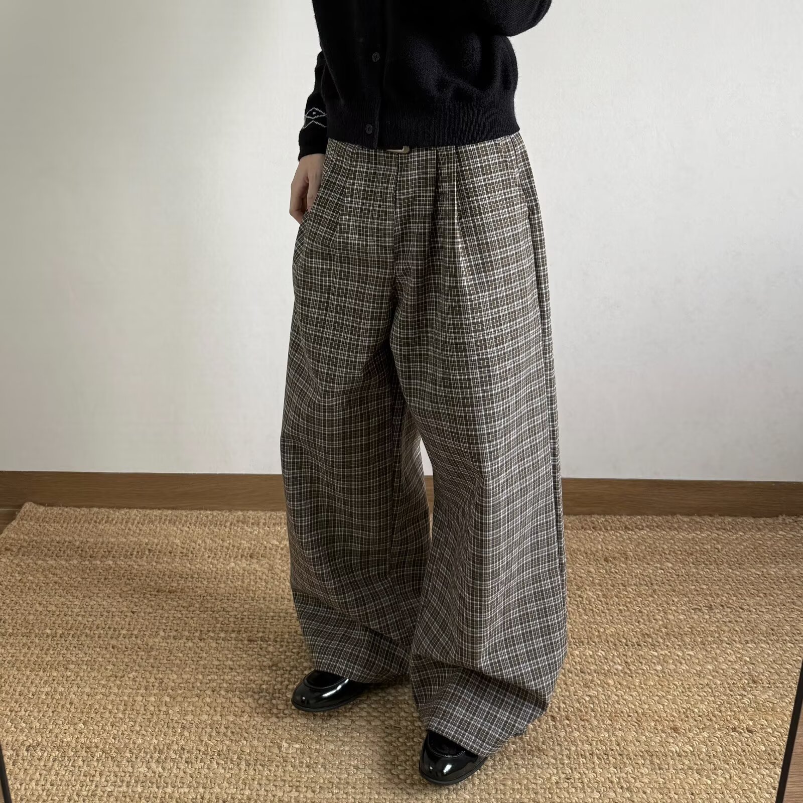 跨境美式复古褶皱格纹男秋季新款简约通勤宽松设计感阔腿长裤潮流