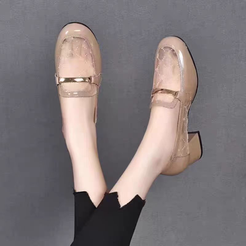Sandal nữ da thật mũi tròn lưới thoáng khí gót thấp 5 cm — Màu đen cao gót 5 cm