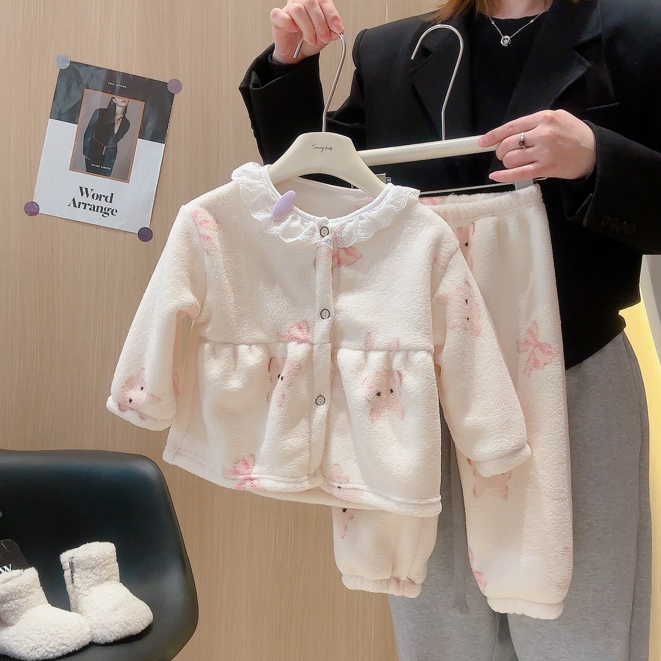 Ropa de hogar infantil otoño-invierno niñas coreana dulce lindos cardigans calentadores pijamas bebé encaje conjunto de ropa infantil image 10