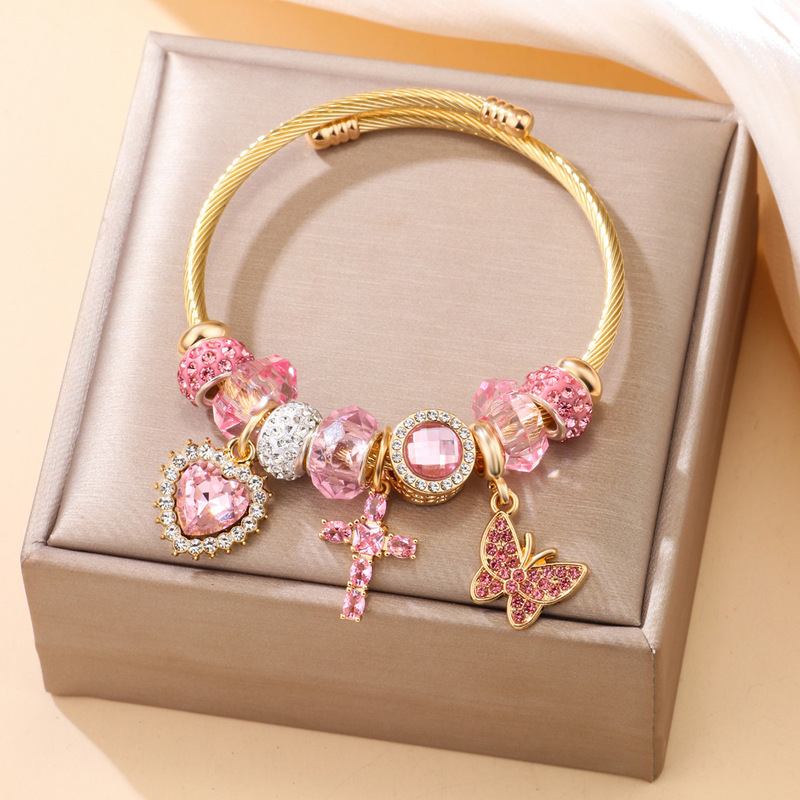 European and American Best-Selling Pandora Gold Stainless Steel Bracelet for Women with Diamond-Encrusted Fish Tail and Dolphin Alloy Pendant, Adjustable Bracelet