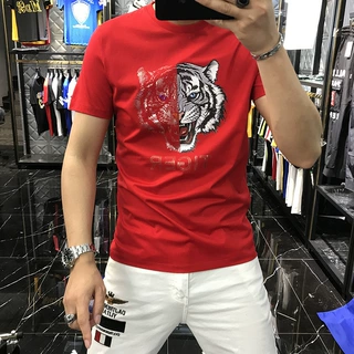欧洲站夏季新款男士丝光棉短袖t恤韩版潮流重工烫钻老虎头印花T恤