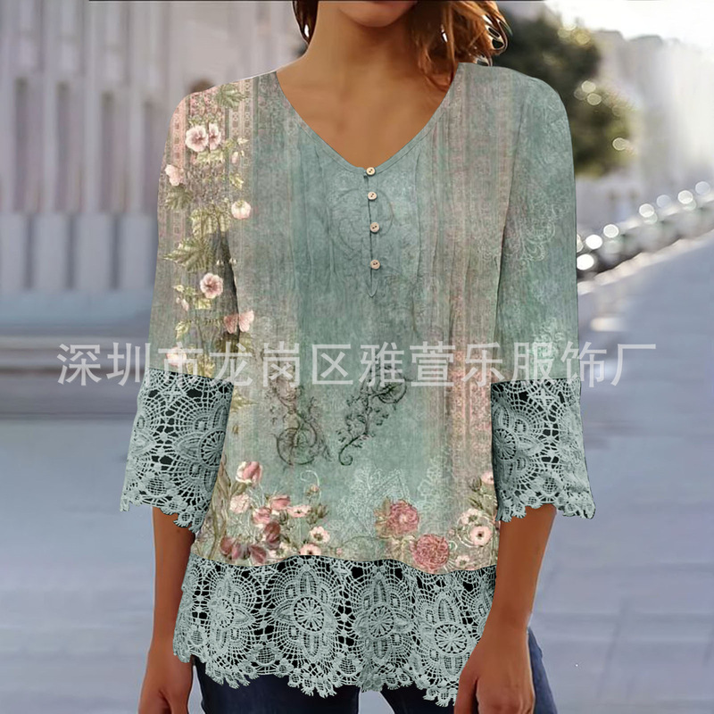2024 cross-border foreign trade in stock new women's button printing seven sleeve fashion lace top T-shirt women