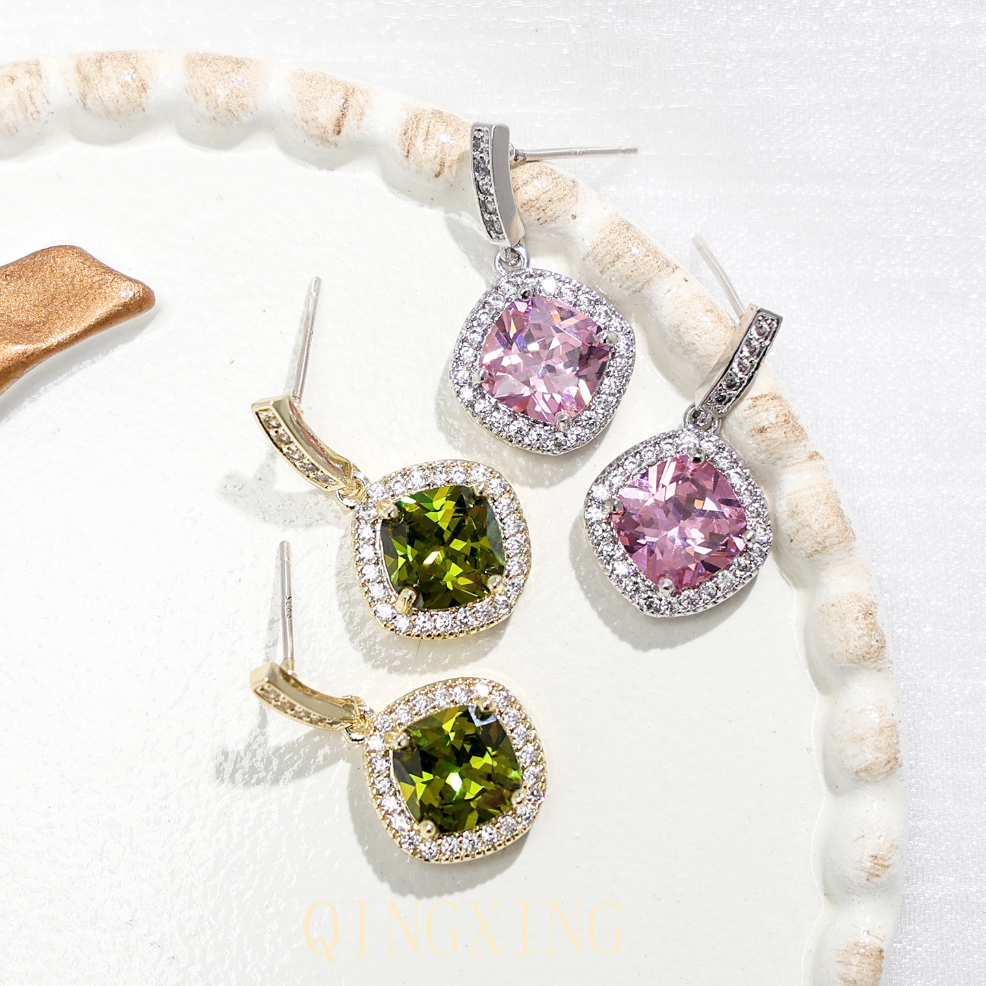 S925 Sterling Silver Needle Fashion Fresh Forest Style Olive Green Zircon Earrings Princess Pink Sweet Versatile Earrings for Women