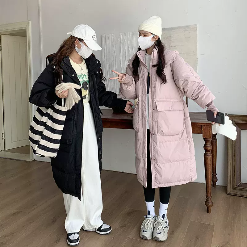 俄罗斯韩版大口袋羽绒棉服女中长款过膝宽松加厚时尚连帽棉衣外套