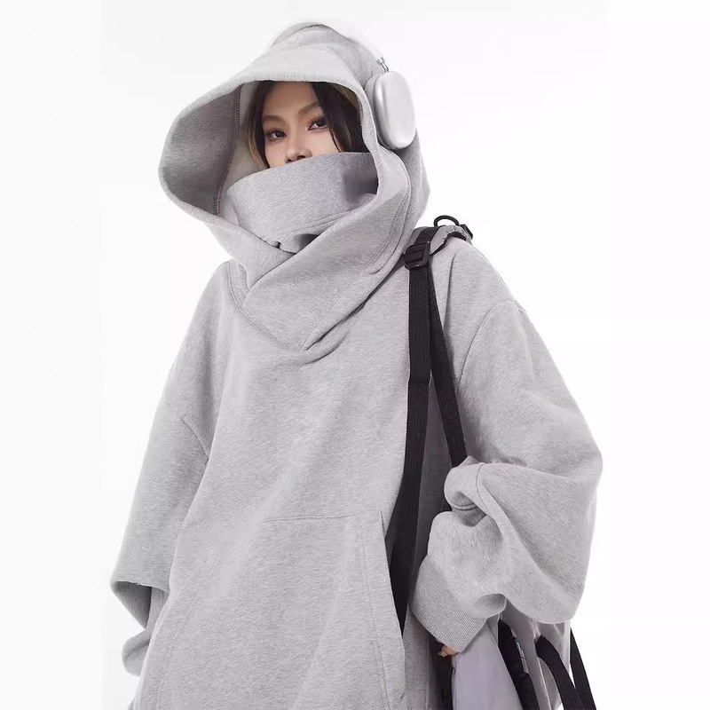 Socially awkward black warrior-style hoodie, men's autumn/winter collection, heavyweight functional outerwear, oversized American-style high-neck hooded sweatshirt
