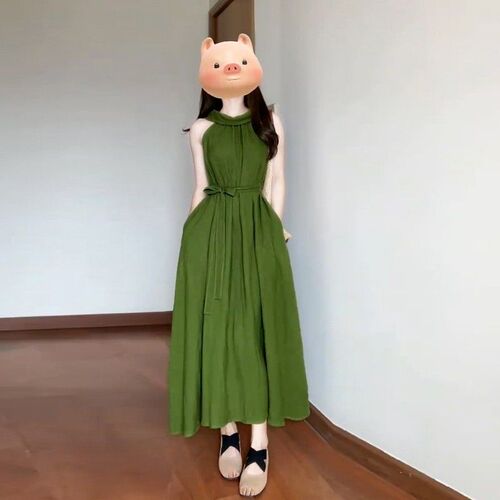 2025 Summer French-style Halter Neck Elegant Waist-Slimming Lazy-Style Resort Dress – Boho Chic, Whitening, Off-Shoulder Long Skirt