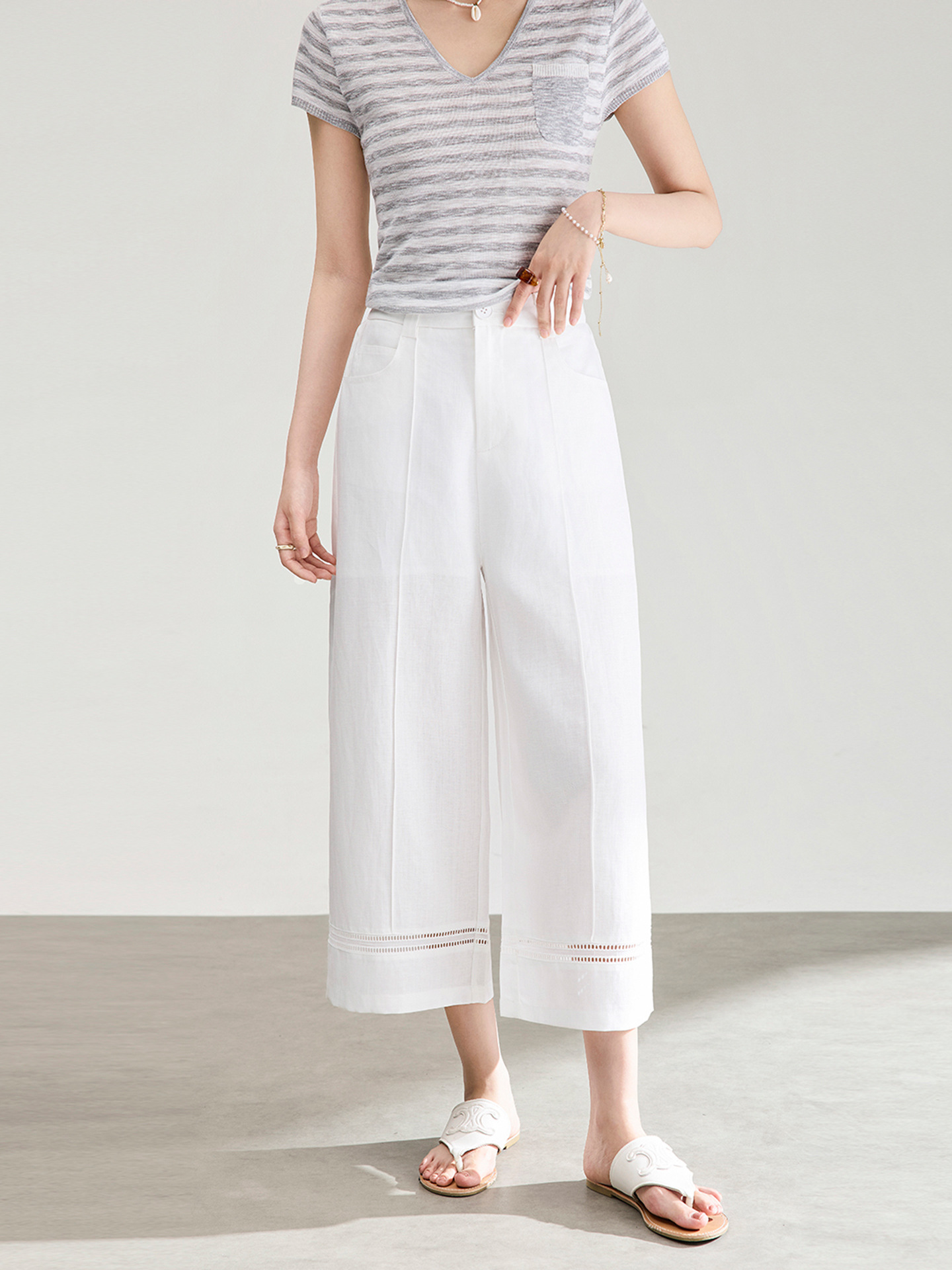Quần culottes nữ ống rộng dáng dài 9 phần, chất liệu sợi gai dầu mỏng nhẹ mùa hè — màu xanh navy
