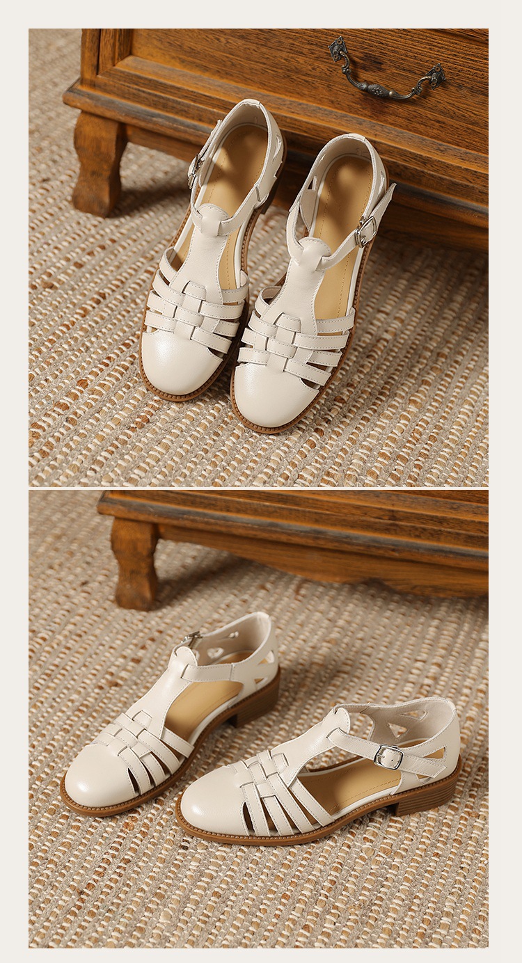 Sandal bít mũi da cừu phong cách La Mã quai chữ T dệt cho nữ — Màu caramel chi tiết 21