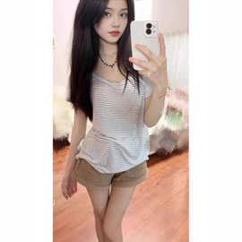 纯欲风宽松慵懒设计感小众条纹2025新款显瘦短袖T女辣妹露肩上衣.