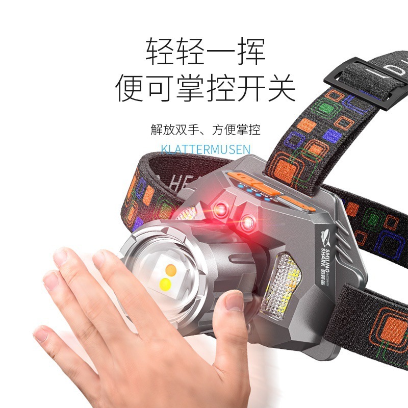 伸缩变焦三色光源头戴灯聚泛光USB充电照明灯挥手感应带电显头灯|undefined