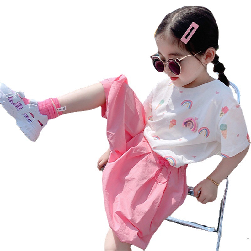 Girls' short sleeve T-shirt set summer net red middle and small children's foreign children's Harlan pants casual two piece set summer