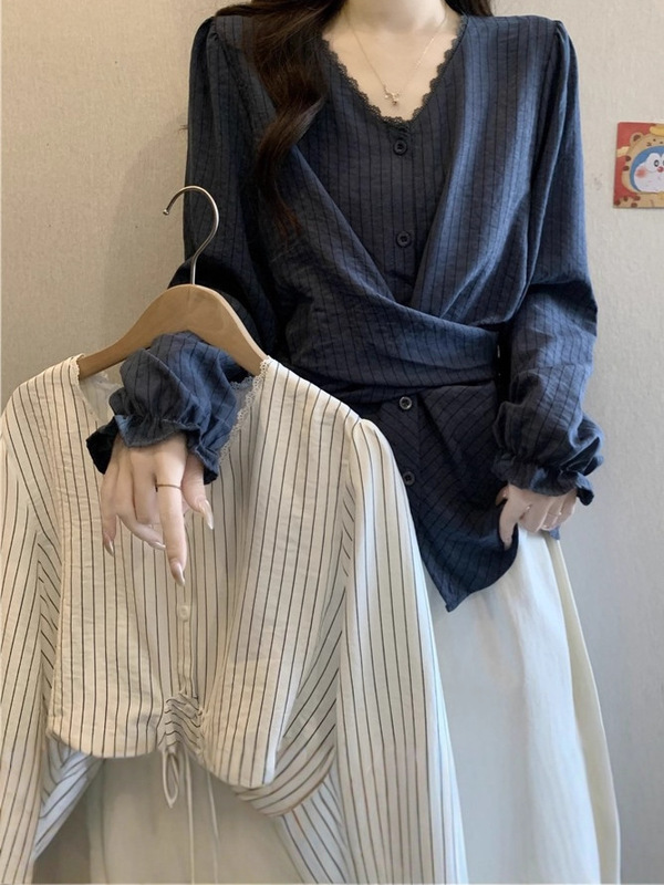 2025秋季新款女装韩系胖MM蕾丝条纹衬衫显瘦收腰长袖上衣女A7475|undefined