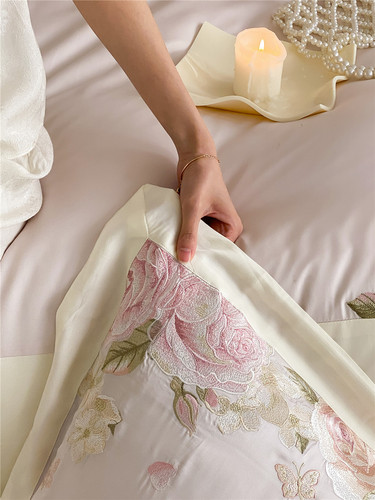 French style floral embroidery bedding high-end Lenzing Lyocell Tencel four-piece set home textiles Morandi Garden